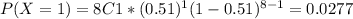 P(X=1)= 8C1 *(0.51)^1 (1-0.51)^{8-1}=0.0277