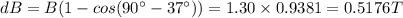 dB=B(1-cos(90^{\circ}-37^{\circ}))=1.30\times 0.9381=0.5176T