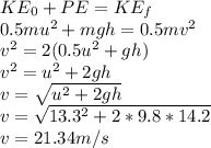 KE_{0} + PE = KE_{f} \\0.5mu^{2} + mgh = 0.5mv^{2}\\v^{2} =2( 0.5u^{2} + gh)\\v^{2} =u^{2} + 2gh\\v = \sqrt{u^{2} + 2gh} \\v = \sqrt{13.3^{2} + 2*9.8*14.2}\\v = 21.34 m/s