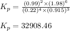 K_p=\frac{(0.99)^2\times (1.98)^6}{(0.22)^4\times (0.915)^3}\\\\K_p=32908.46
