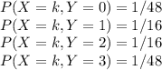 P(X = k, Y = 0)  = 1/48\\P(X = k, Y = 1) = 1/16\\P(X = k, Y = 2) = 1/16\\P(X = k, Y = 3) = 1/48