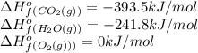 \Delta H^o_f_{(CO_2(g))}=-393.5kJ/mol\\\Delta H^o_f_{(H_2O(g))}=-241.8kJ/mol\\\Delta H^o_f_{(O_2(g)))}=0kJ/mol