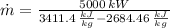 \dot m = \frac{5000\,kW}{3411.4\,\frac{kJ}{kg} -2684.46\,\frac{kJ}{kg}}