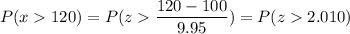 P( x  120) = P( z  \displaystyle\frac{120 - 100}{9.95}) = P(z  2.010)