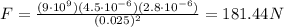 F=\frac{(9\cdot 10^9)(4.5\cdot 10^{-6})(2.8\cdot 10^{-6})}{(0.025)^2}=181.44 N