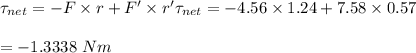 \tau_{net} = - F\times r + F'\times r'\tau_{net} = - 4.56\times 1.24 + 7.58\times 0.57 \\\\= - 1.3338\ Nm