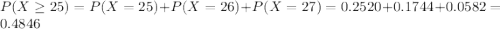 P(X\geq 25)= P(X=25)+P(X=26)+P(X=27)=0.2520+0.1744+0.0582=0.4846