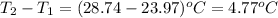 T_2-T_1=(28.74-23.97)^oC=4.77^oC