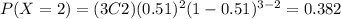 P(X=2)=(3C2)(0.51)^2 (1-0.51)^{3-2}=0.382