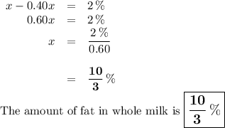 \begin{array}{rcl}x - 0.40x & = & 2 \, \%\\0.60x & = & 2 \, \%\\x & = & \dfrac{2 \, \%}{0.60}\\\\& = & \mathbf{\dfrac{10}{3}\, \%}\\\end{array}\\\text{The amount of fat in whole milk is $\large \boxed{\mathbf{\dfrac{10}{3}\, \%}}$}