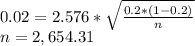 0.02 = 2.576*\sqrt{\frac{0.2*(1-0.2)}{n}}\\n=2,654.31