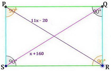In rectangle PQRS, PR = 11x – 20and QS = x + 160. Find the value of x and the length of each diagona