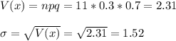 V(x)=npq=11*0.3*0.7=2.31\\\\\sigma=\sqrt{V(x)}=\sqrt{2.31}=1.52