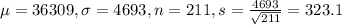 \mu = 36309, \sigma = 4693, n = 211, s = \frac{4693}{\sqrt{211}} = 323.1