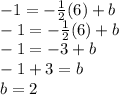 -1 = - \frac {1} {2} (6) + b\\-1 = - \frac {1} {2} (6) + b\\-1 = -3 + b\\-1 + 3 = b\\b = 2