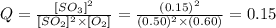 Q=\frac{[SO_3]^2}{[SO_2]^2\times [O_2]}=\frac{(0.15)^2}{(0.50)^2\times (0.60)}=0.15