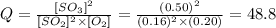 Q=\frac{[SO_3]^2}{[SO_2]^2\times [O_2]}=\frac{(0.50)^2}{(0.16)^2\times (0.20)}=48.8