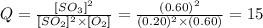 Q=\frac{[SO_3]^2}{[SO_2]^2\times [O_2]}=\frac{(0.60)^2}{(0.20)^2\times (0.60)}=15