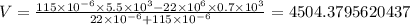V=\frac {115\times 10^{-6}\times 5.5\times 10^{3}-22\times 10^{6}\times 0.7\times 10^{3}}{22\times 10^{-6}+115\times 10^{-6}}=4504.3795620437