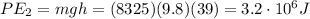 PE_2=mgh=(8325)(9.8)(39)=3.2\cdot 10^6 J