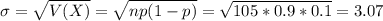 \sigma = \sqrt{V(X)} = \sqrt{np(1-p)} = \sqrt{105*0.9*0.1} = 3.07