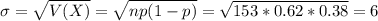 \sigma = \sqrt{V(X)} = \sqrt{np(1-p)} = \sqrt{153*0.62*0.38} = 6