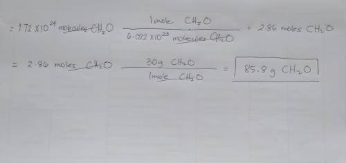 Calculate the mass in grams of 1.72×10^24 molecules of formaldehyde. The chemical formula for formal