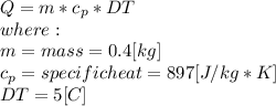 Q = m*c_{p}*DT\\where:\\m = mass = 0.4[kg]\\c_{p} = specific heat = 897[J/kg*K]\\DT= 5 [C]