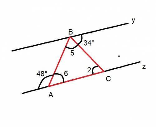Given: Lines y and z are parallel, and ABC forms a triangle.Prove: m25+ m22 + m26 = 180° which could