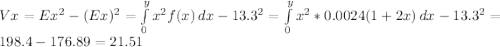 Vx=Ex^{2} -(Ex)^{2} =\int\limits^y_0 {x^{2} f(x)} \, dx -13.3^{2}=\int\limits^y_0 {x^{2} *0.0024(1+2x)} \, dx-13.3^{2}   =198.4-176.89=21.51