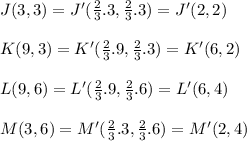 J(3, 3) = J' (\frac{2}{3} . 3 , \frac{2}{3} . 3) = J' (2,2)\\\\K(9, 3) = K' (\frac{2}{3} . 9 , \frac{2}{3} . 3) = K' (6,2)\\\\L(9, 6) = L' (\frac{2}{3} . 9 , \frac{2}{3} . 6) = L' (6,4)\\\\M(3, 6) = M'(\frac{2}{3} . 3 , \frac{2}{3} . 6) = M' (2,4)