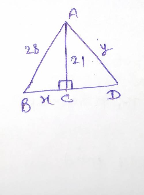 Triangles ABC and ACD are right triangles. AB is 28 meters long. AC is 21 meters long. Find the leng