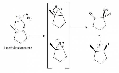 Give the structure of one of the isomers formed when 1−methylcyclopentene reacts with bromine in wat