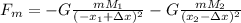 F_{m}=-G\frac{mM_{1}}{(-x_{1}+\Delta x)^{2}}-G\frac{mM_{2}}{(x_{2}-\Delta x)^{2}}