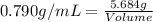 0.790g/mL=\frac{5.684g}{Volume}