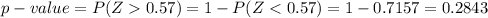 p-value=P(Z0.57)=1-P(Z