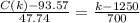 \frac{C(k) - 93.57}{47.74} = \frac{k - 1250}{700}