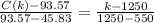 \frac{C(k) - 93.57}{93.57 - 45.83} = \frac{k - 1250}{1250 - 550}