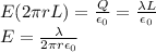 E(2\pi r L)=\frac{Q}{\epsilon_{0}}=\frac{\lambda L}{\epsilon_{0}}\\E=\frac{\lambda}{2 \pi r \epsilon_{0}}