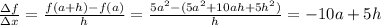 \frac{\Delta f}{\Delta x} =\frac{f(a+h)-f(a)}{h}=\frac{5a^2-(5a^2+10ah+5h^2)}{h}=-10a+5h