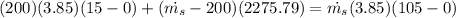 (200)(3.85)(15-0)+(\dot{m_s}-200)(2275.79)=\dot{m_s}(3.85)(105-0)