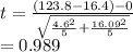 t = \frac{(123.8-16.4)-0}{\sqrt{\frac{4.6^{2} }{5}+\frac{16.09^{2} }{5}   } } \\  = 0.989