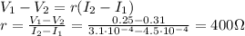 V_1-V_2=r(I_2-I_1)\\r=\frac{V_1-V_2}{I_2-I_1}=\frac{0.25-0.31}{3.1\cdot 10^{-4}-4.5\cdot 10^{-4}}=400 \Omega