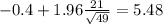 -0.4+1.96\frac{21}{\sqrt{49}}=5.48
