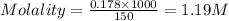 Molality=\frac{0.178\times 1000}{150}=1.19M