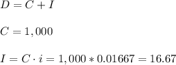 D=C+I\\\\C=1,000\\\\I=C\cdot i=1,000*0.01667=16.67