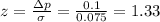 z=\frac{\Delta p}{\sigma}=\frac{0.1}{0.075}  =1.33