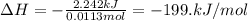 \Delta H=-\frac{2.242 kJ}{0.0113 mol }=-199. kJ/mol