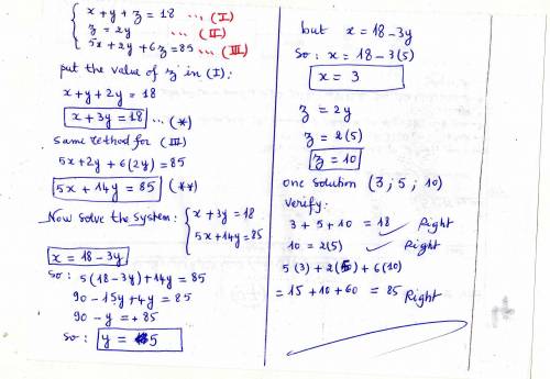 What is the solution to the system of equations? x + y + z = 18 z = 2y 5x + 2y + 6z = 85