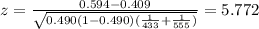 z=\frac{0.594-0.409}{\sqrt{0.490(1-0.490)(\frac{1}{433}+\frac{1}{555})}}=5.772